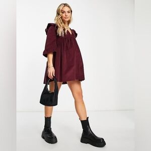 ASOS DESIGN Maternity cord mini smock dress with ruffle shoulder in dark berry